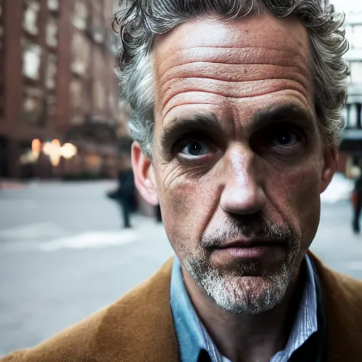 Image similar to closeup portrait of a Jordan Peterson , new york back street , by Steve McCurry and David Lazar, natural light, detailed face, CANON Eos C300, ƒ1.8, 35mm, 8K, medium-format print