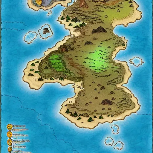 Image similar to dnd world map, mountains, villages, rivers, oceans, islands