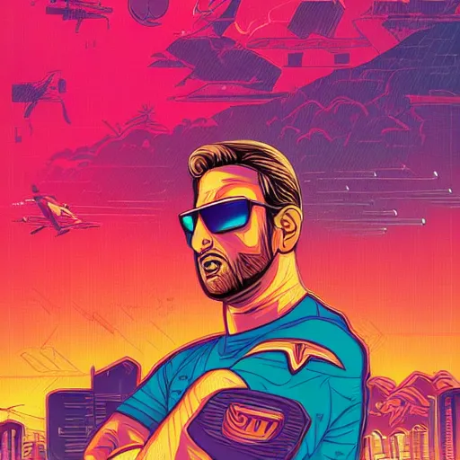 Image similar to a portrait of a Rayan Gosling with thunders in the sky in a future cybernetic city, outrun style and colours, trending on arstation, by dan mumford, by ross tran