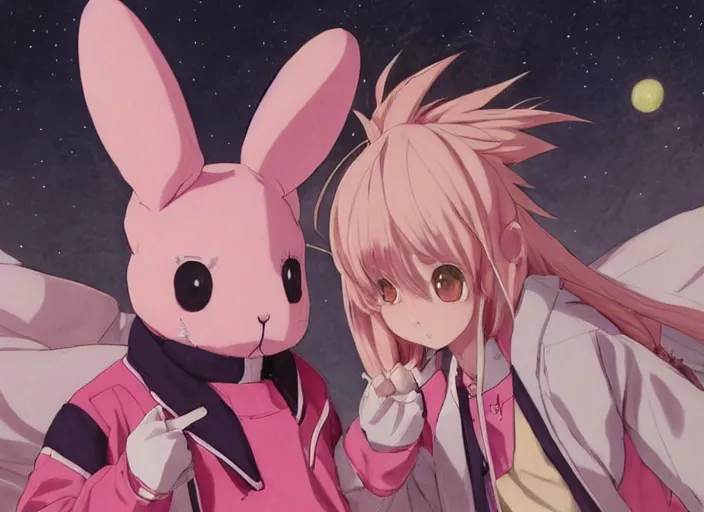 Prompt: official artwork of an anime pink rabbit wearing a letterman jacket, by Krenz Cushart, detailed art, many stars in the night sky, pink iconic character, 獣, yokai, wallpaper, bunny, large ears, male character