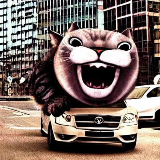 Image similar to giant crazy cat eating cars in big city.