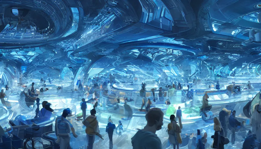 Prompt: Interior of a beautiful blue and silver lighted space base with people scattered everywhere as well as aquariums and small green areas, hyperdetailed, artstation, cgsociety, 8k