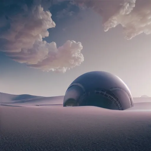 Image similar to photo realistic, hyper realistic, ufo city desert alien, white cloth desert, electronic ufo battle, evil sphere cyborg ufo alien spaceship, with white milky clouds hanging from it, fantasy art, octane render, caustics, zaha hadid, war lasers, alien landscape, cinematic composition, octane render,, 8 k, artstation trending, fibonacci composition