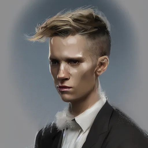 Image similar to Portrait of an androgynous man by Greg Rutkowski, he is about 30 years old, mixture between russian and irish, long fluffy blond curly hair, attractive, extremely pale white skin, smart looking, he is wearing a black futuristic lawyer outfit, highly detailed portrait, scifi, digital painting, artstation, concept art, smooth, sharp foccus ilustration, Artstation HQ