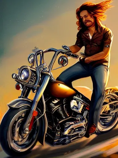 Image similar to handsome man with long hair riding a harley davidson. intricate, elegant, highly detailed, digital painting, artstation, concept art, sharp focus, illustration, by justin gerard and artgerm, 8 k