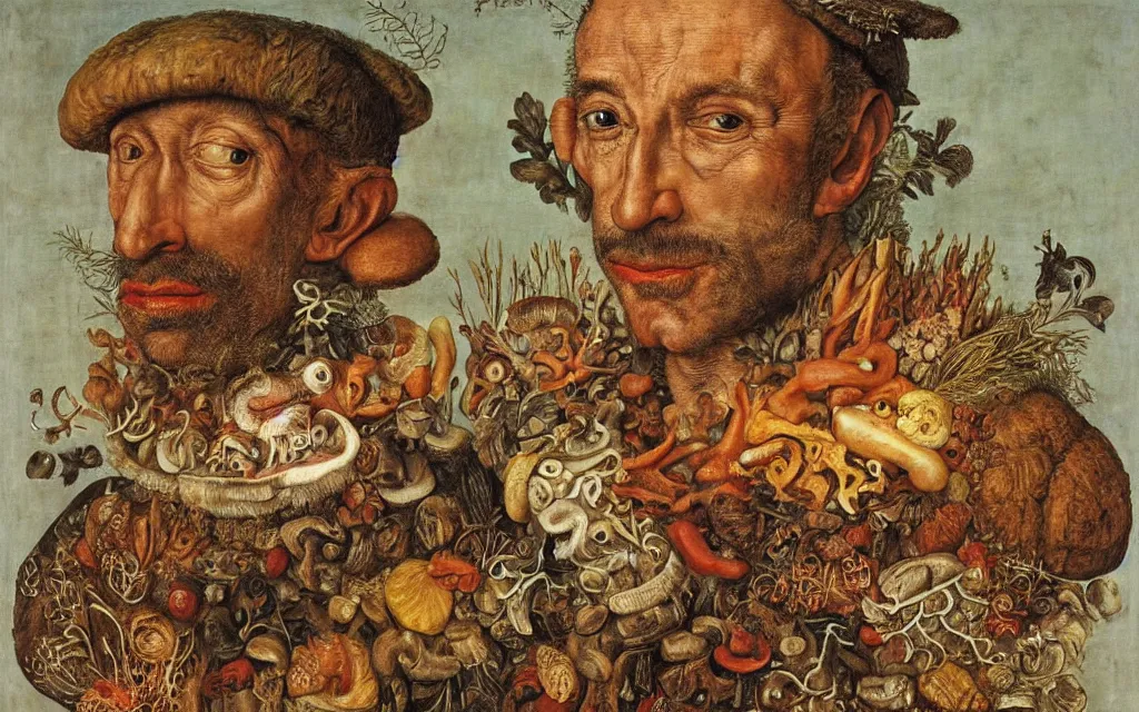 Image similar to giuseppe arcimboldo's portrait of captain jacques - yves cousteau made out of mushrooms fishes