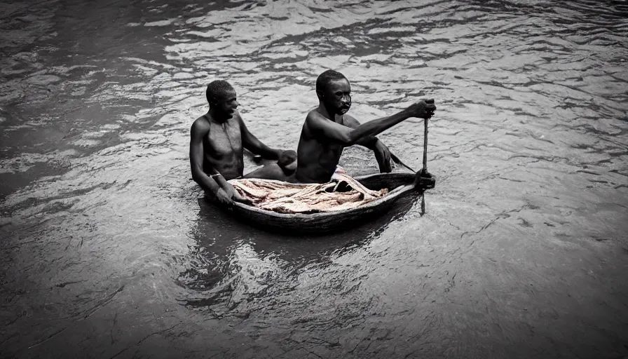 Prompt: movie still by djibril diop mambety of a man in a barque made of flesh on a blood river, leica sl 2, heavy grain, high quality, high detail, color