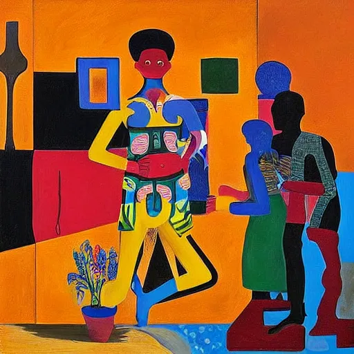 Image similar to A painting. A rip in spacetime. Did this device in her hand open a portal to another dimension or reality?! Mesoamerican, neo-expressionism by Jacob Lawrence, by Iain Faulkner forbidding, vivid