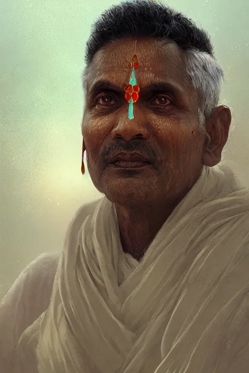 Prompt: hindu priest, close - up portrait, devoted, intricate, elegant, volumetric lighting, scenery, digital painting, highly detailed, artstation, sharp focus, illustration, concept art, ruan jia, steve mccurry