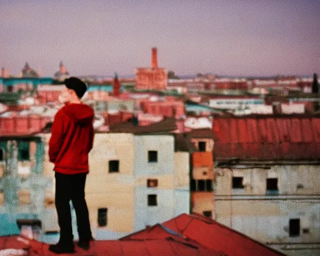Prompt: lomo photo of man standing on the roof of soviet hrushevka, small town, cinestill, bokeh, out of focus