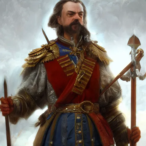 Image similar to Peter the Great holding big narrow axe, russian tsar Peter I, russian emperor, sharp focus, fantasy style, octane render, volumetric lighting, 8k high definition, by greg rutkowski, highly detailed, trending on art Station, oil painting