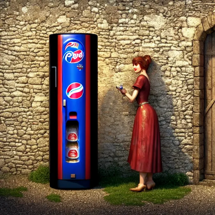 Prompt: pepsi vending machine outside a medieval house in a village. a woman is standing next to the vending machine. perfect faces, extremely high details, realistic, cinematic, octane render, masterpiece, artstation contest winner, art by johannen voss, frank frazetta