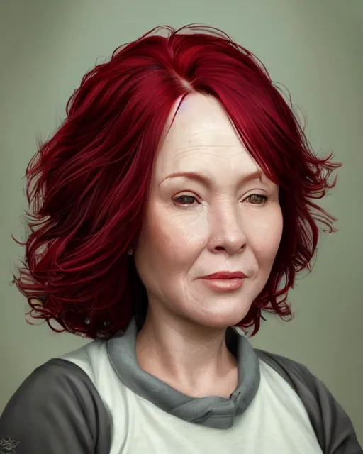 Image similar to portrait of happy short and plump 5 0 - year - old woman with red hair and, kind face, round face, short hair, wearing in cardigan, hyper realistic face, beautiful eyes, character art, art by mark brooks, hyperdetailed, cryengine, trending on artstation, digital art