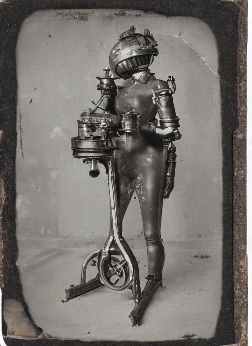 Prompt: 1 8 8 5 frontal photo of a steampowered riveted glados, daguerrotype, high quality