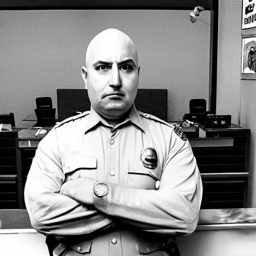 Prompt: portrait of old, fat, bald, police chief lorenzo, looking sad and alone in a police station