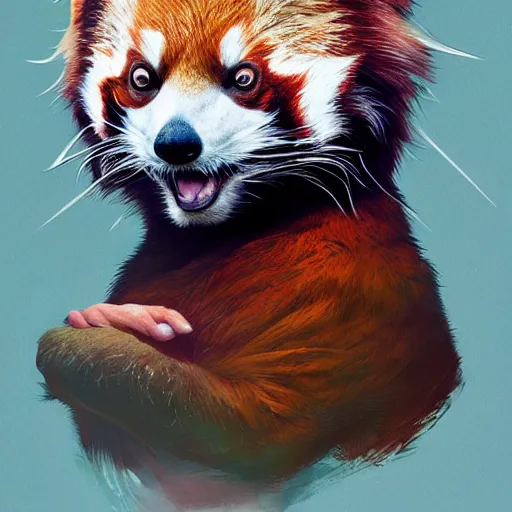 Image similar to red panda as it specialist, digital illustration portrait design, by android jones and greg rutkowski, retrowave color scheme, detailed, cinematic lighting, wide angle action dynamic portrait