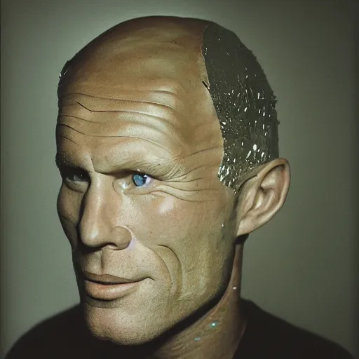 Image similar to Paper maché portrait of Ed Harris, studio lighting, F 1.4 Kodak Portra