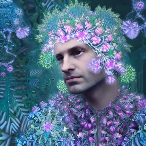 Image similar to an idealistic man, stern face, clear eyes, with shining armour and fractal flowery hair in a fractal garden, glowing delicate flower and ferns that grow in a dark fatansy forest on the planet pandora,