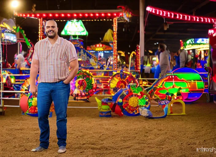 Image similar to photo still of sinbad at the county fair!!!!!!!! at age 3 6 years old 3 6 years of age!!!!!!!! playing ring toss, 8 k, 8 5 mm f 1. 8, studio lighting, rim light, right side key light