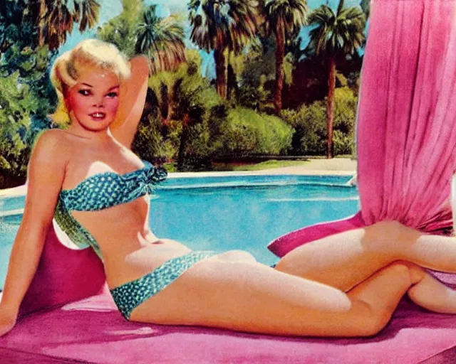 tuesday weld in a pink bikini lounging next to a palm