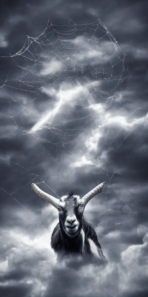 Image similar to a goat with a cobweb between his horns, sky realistic stormcloud with glimpses of flares