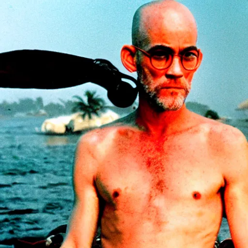 Prompt: 25 year old michael stipe as captain benjamin in apocalypse now, 8k resolution, full HD, cinematic lighting, award winning, anatomically correct