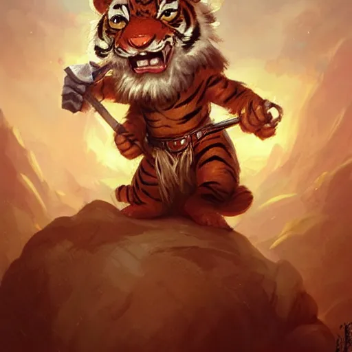 Image similar to cute little anthropomorphic Tiger Warrior, ultra wide lens shot , tiny, small, short, cute and adorable, pretty, beautiful, DnD character art portrait, matte fantasy painting, DeviantArt Artstation, by Jason Felix by Steve Argyle by Tyler Jacobson by Peter Mohrbacher, cinematic lighting