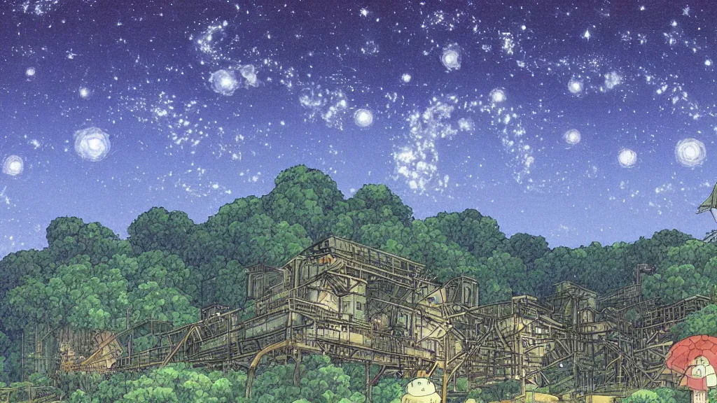 Prompt: a movie still from a studio ghibli film showing s a mine runoff storage facility in the rainforest on a misty and starry night. by studio ghibli