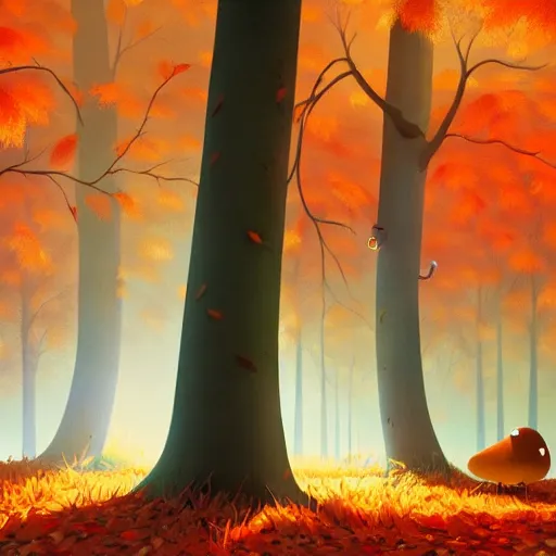 Image similar to goro fujita ilustration i am lying in the forest and i observe a bunch of tall autumn trees and in the center a large bird with its wings open with beautiful feathers that let through some light rays, painting by goro fujita, sharp focus, highly detailed, artstation