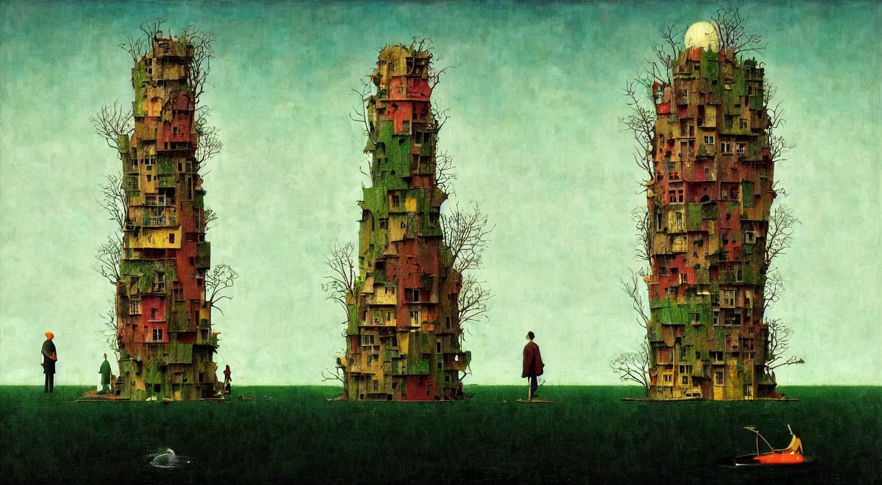 Image similar to single flooded simple!! vegetable tower, very coherent and colorful high contrast masterpiece by norman rockwell franz sedlacek hieronymus bosch dean ellis simon stalenhag rene magritte gediminas pranckevicius, dark shadows, sunny day, hard lighting