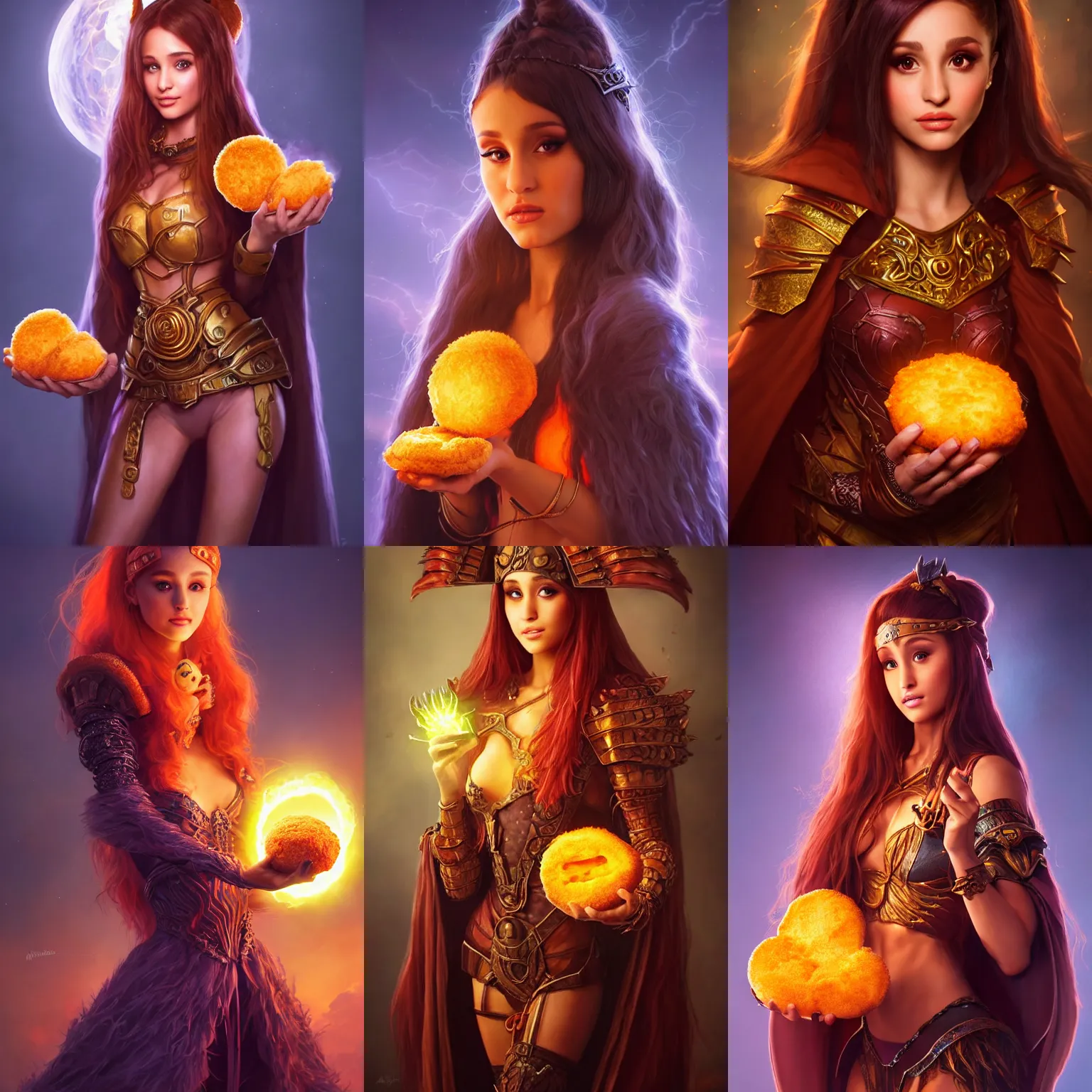 Prompt: ultrarealistic fantasy portrait sorceress ariana grande holding a mcnugget, orange armor made out of mcnuggets mcnugget gothic mcnugget cloak with intricate details, fantasy character octane render, cinematic lighting, volumetric lighting, artstation, dnd art, cgsociety, sharp focus, digital painting by artgerm, gerald brom, wlop