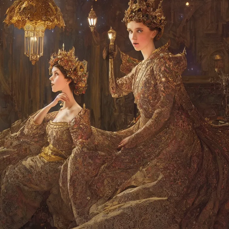 Image similar to a beautiful painting of a crowned princess in an ornate gown resembling millie bobby brown watching the lantern festival in ancient london, at night with a sky full of stars, intricate, elegant, highly detailed, digital painting, artstation, concept art, by krenz cushart and artem demura and alphonse mucha