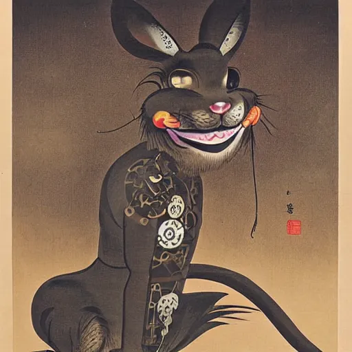 Image similar to steampunk animatronic in the shape of a rabbit, japanese painting