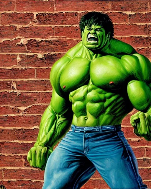 Prompt: a dynamic painting of the incredible hulk looking angry and breaking through a brick wall by joe jusko.