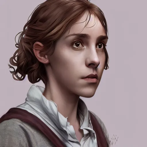 Image similar to hermione granger, au naturel, grey eyes, hyper detailed, digital art, trending in artstation, cinematic lighting, studio quality, smooth render, unreal engine 5 rendered, octane rendered, concept art, smooth, sharp focus, illustration, art by artgerm and greg rutkowski and alphonse mucha and ian sprigger and wlop and krenz cushart