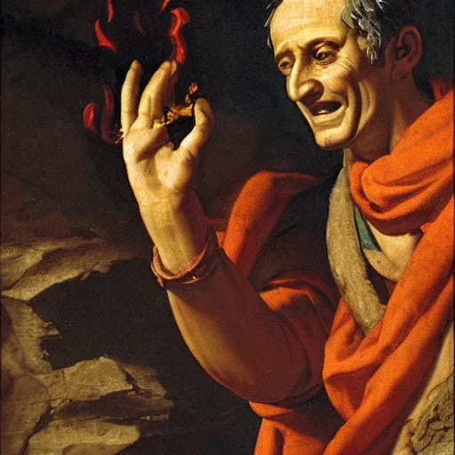 Prompt: laughing julius caesar burning in a cave, high detail