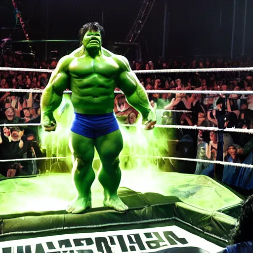 Prompt: photograph of The Incredible Hulk as WWE Champion standing in.a Wrestling ring