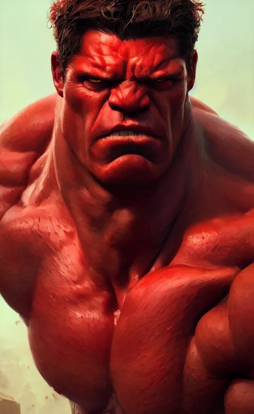 Prompt: Portrait of a Red Hulk, male, detailed face, fantasy, highly detailed, cinematic lighting, digital art painting by greg rutkowski