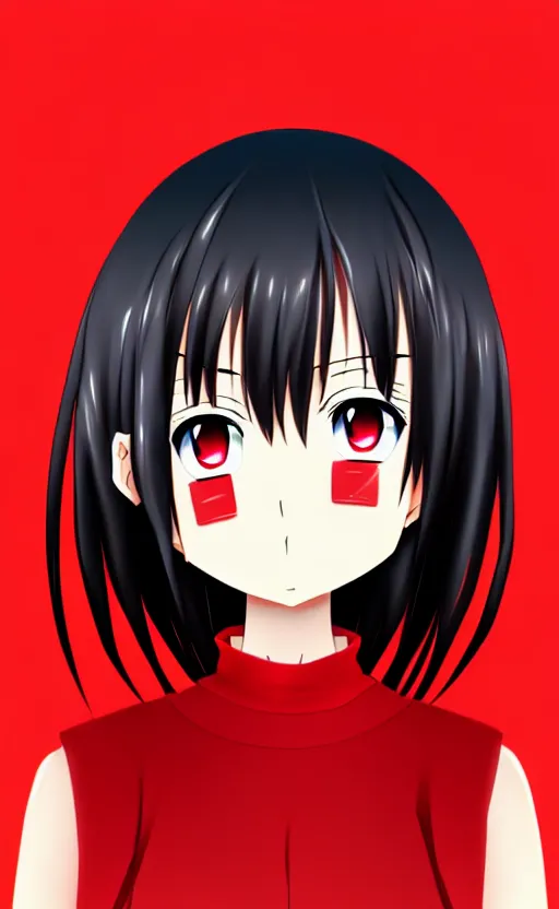 Prompt: anime girl with a detailed face and black hair in a red outfit, full body, trending, blank space at the top, illustration