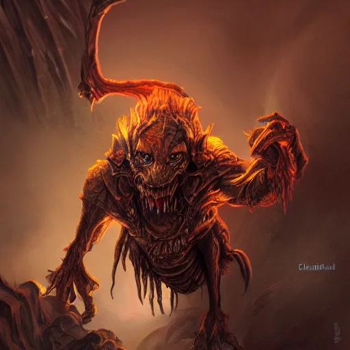 Prompt: a highly detailed goblin with coal colored skin and red eyes that glow, in a cave, like magic the gathering, goblin chainwalker, digital art, by christopher rush