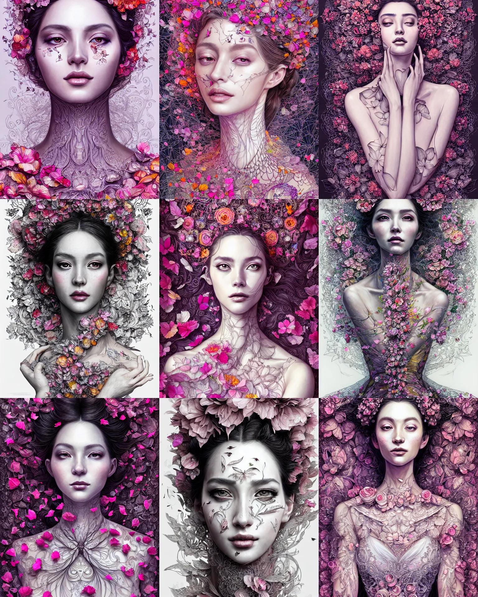 Prompt: the portrait of an absurdly beautiful, graceful, elegant woman made of petals, an ultrafine detailed illustration by vania zouravliov, rossdraws, irakli nadar, intricate linework, bright colors, final fantasy, behance contest winner, angular, unreal engine 5 highly rendered, global illumination, radiant light, detailed and intricate environment