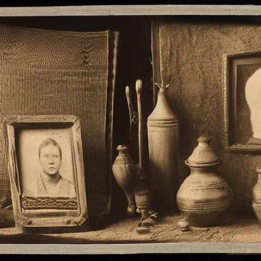 Image similar to Tintype photograph of primitive objects displayed in an ethnographic museum, archive material, anthropology, 1920s studio lighting.