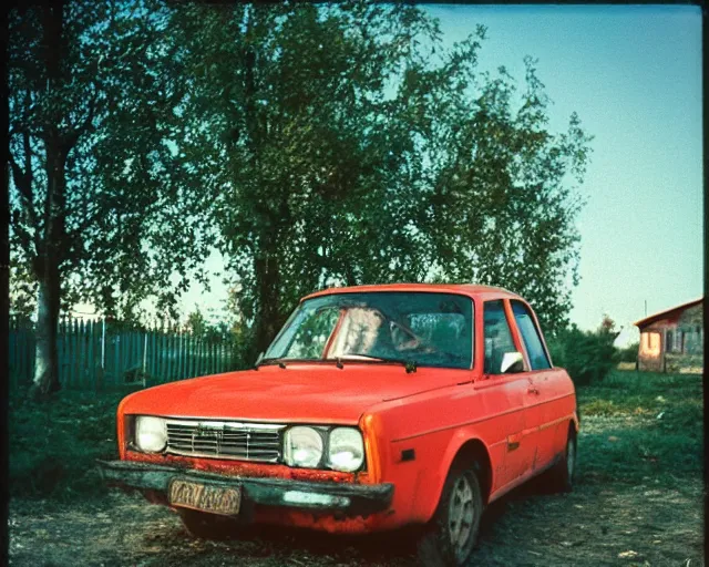 Image similar to a lomographic photo of old lada 2 1 0 7 standing in typical soviet yard in small town, hrushevka on background, cinestill, bokeh