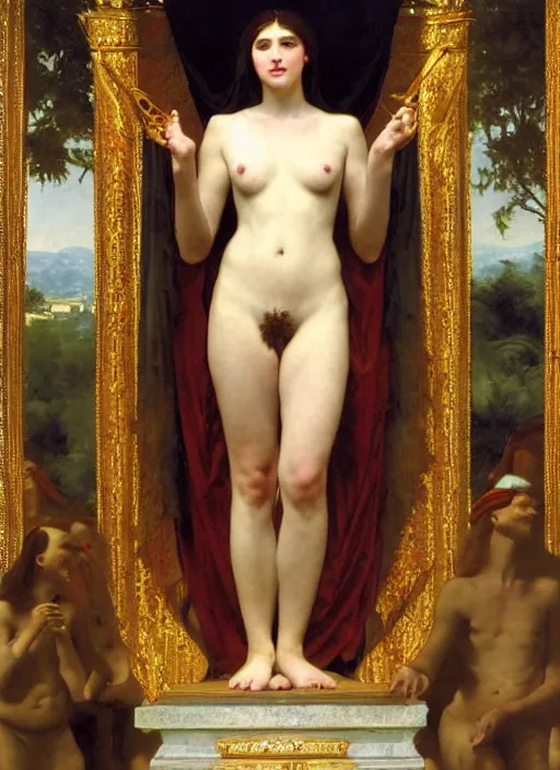 Prompt: oil painting of portait Queen of Ecstasy in a large throne room, Hungarian, by Bouguereau, by Georgia o Keeffe, by Georges Moreau