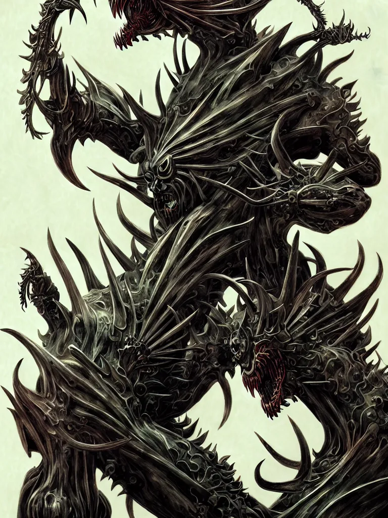 Image similar to exquisite imaginative creature beast from chinese mythology, nanotech demonic monster horror, frontal symmetry, sharp, ghost in the shell, slender and densely arranged teeth, rna bioweapon, poster art, movie art, elegant, illustrated by kentaro miura, game, movie concept art, by brom gerald