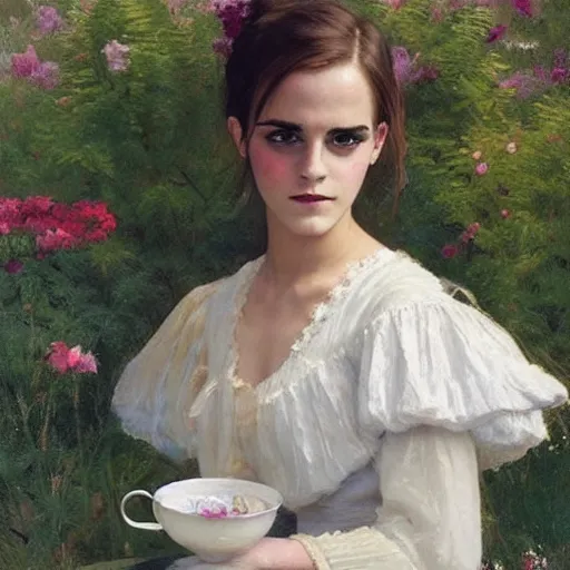 Image similar to full body fashion model emma watson by Jeremy Lipking by Hasui Kawase by Richard Schmid (((smokey eyes makeup eye shadow fantasy, glow, shimmer as victorian woman in a long white frilly lace dress and a large white hat having tea in a sunroom filled with flowers, roses and lush fern flowers ,intricate, night, highly detailed, dramatic lighting))) , high quality