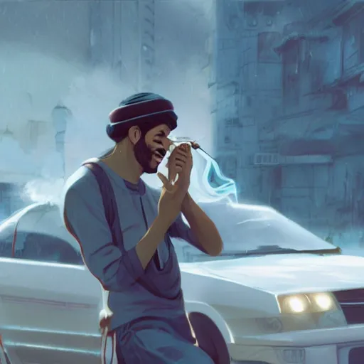 Image similar to saudi arab man smoking in a car, anime digital art in the style of greg rutkowski and craig mullins, 4 k