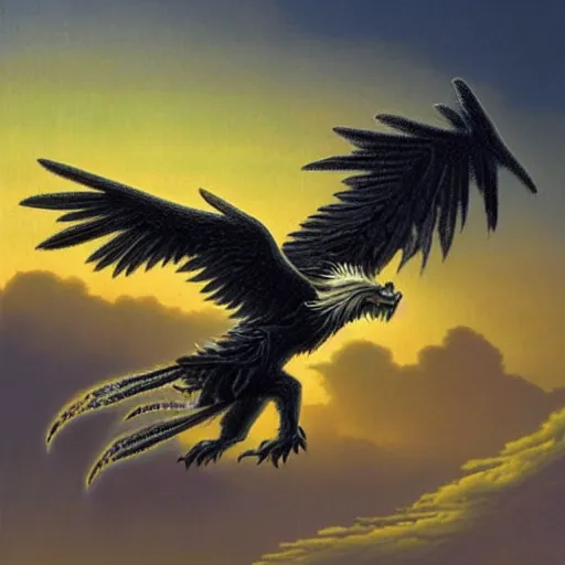 Image similar to a griffon unfurling its wings at sunset by michael whelan and james gurney