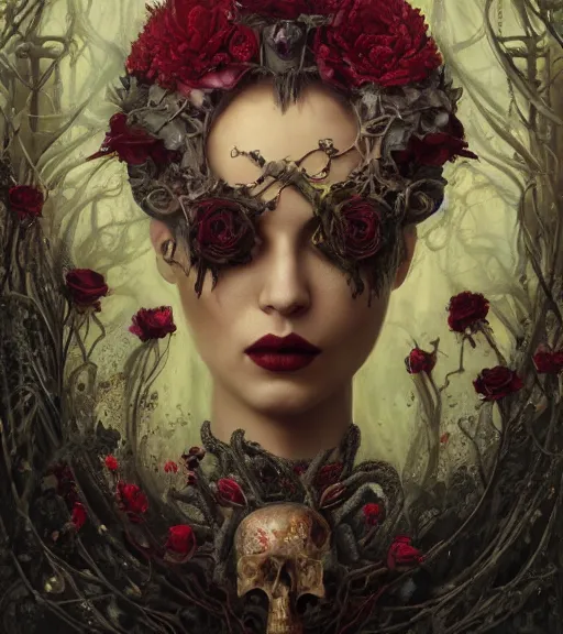 Prompt: portrait of the supreme queen of the blood cult, surrounded by skulls and overgrowth and dark flowers by karol bak, James Jean, tom bagshaw, rococo, trending on artstation, cinematic lighting, hyper realism, octane render, 8k, hyper detailed.