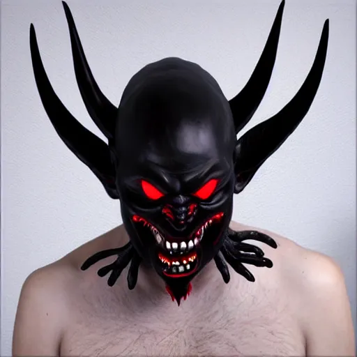 Image similar to black demon with evil face red eyes red mouth, wings, 8 k, high quality, highly realistic photo realistic